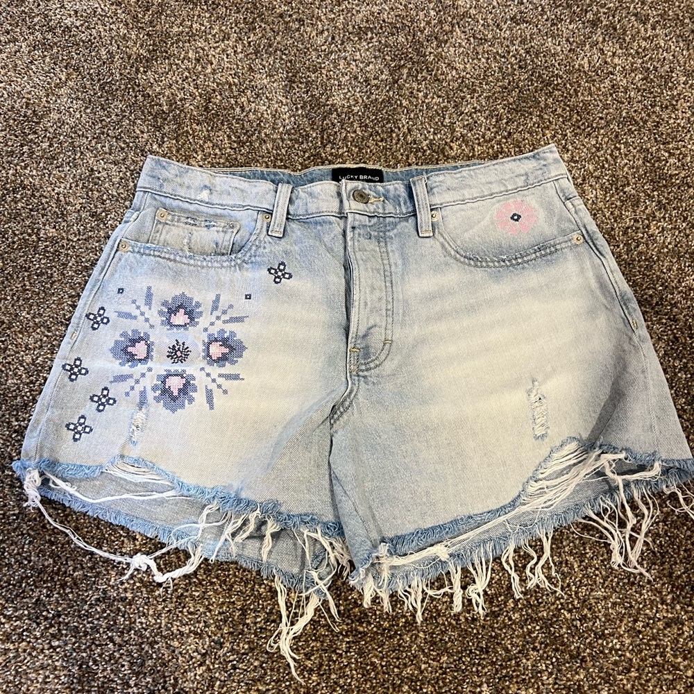 Lucky Brand Blue Jean Shorts with Distressed Hem and Floral Embroidery